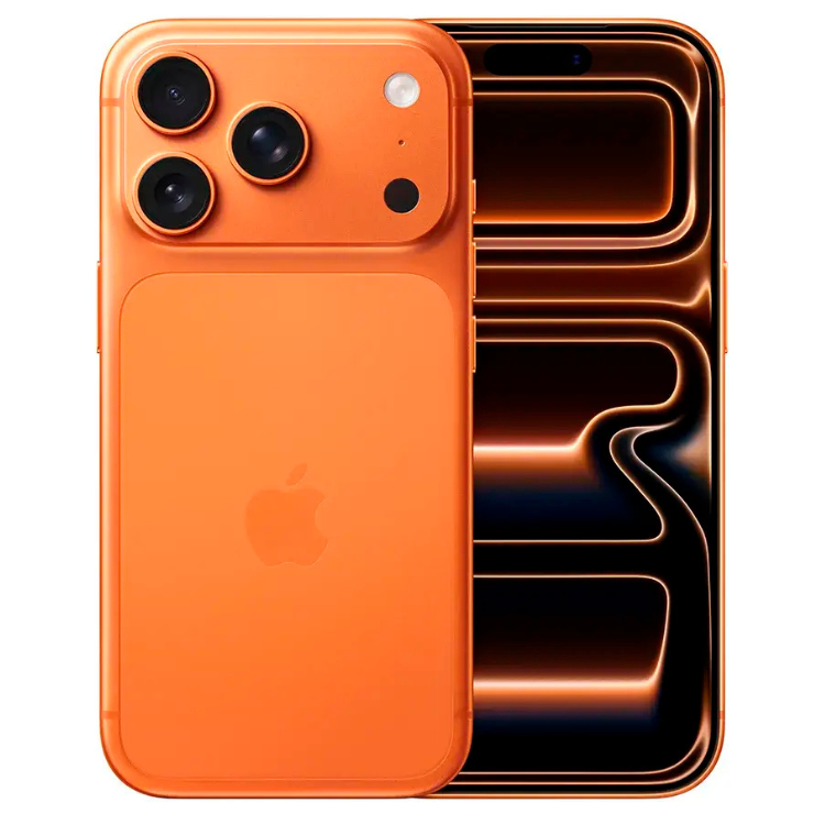 iPhone 17 Pro Max laranja, smartphone Apple com câmera tripla e 256GB.