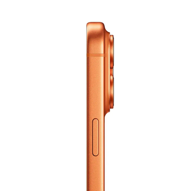 iPhone 17 Pro Max cor laranja, lado direito com botão de volume e câmera tripla.