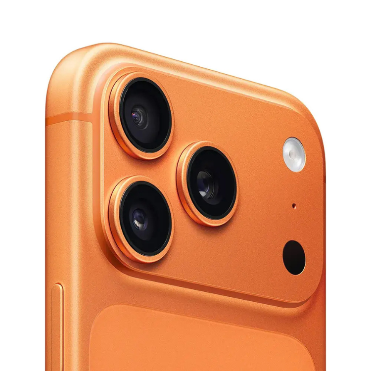 iPhone 17 Pro Max cor laranja, câmaras triplas e flash LED.