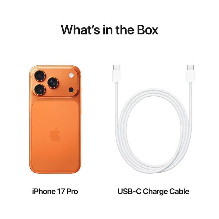 iPhone 17 Pro laranja, 1TB, com cabo de carregamento USB-C.