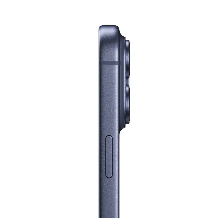 iPhone 17 Pro Max Azul, lado direito com câmaras triplas e botão lateral.