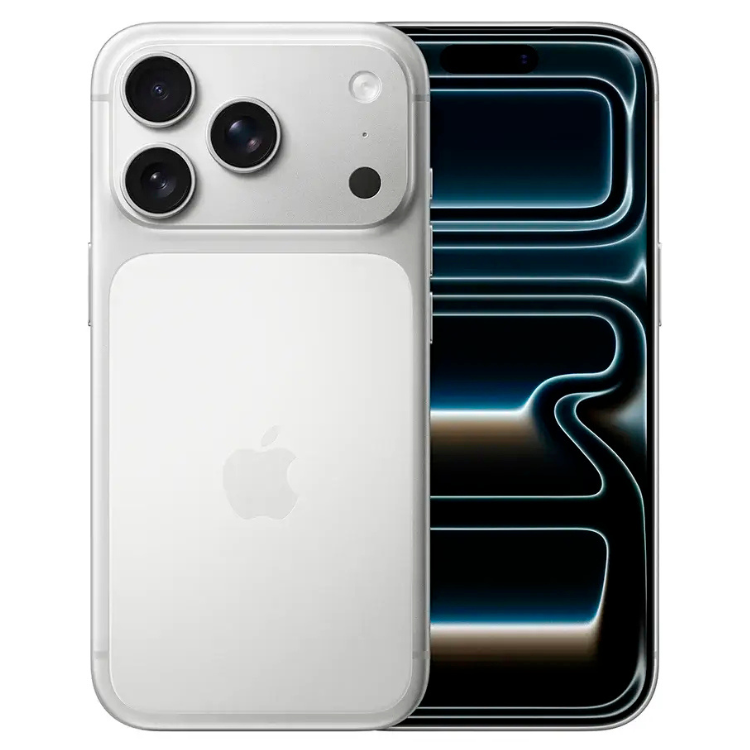 iPhone 17 Pro Max prata 512GB, vista traseira e frontal com ecrã ligado.