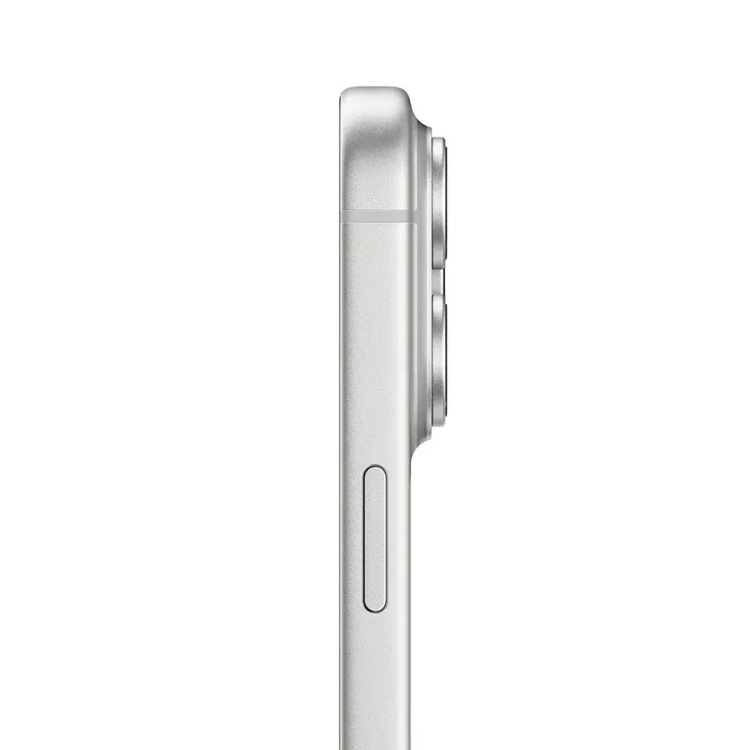 iPhone 17 Pro Max prata, lado direito com câmaras triplas e botão de volume.