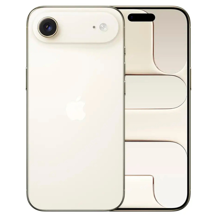 iPhone Air 256GB dourado, vista frontal e traseira, com câmera e logotipo Apple.