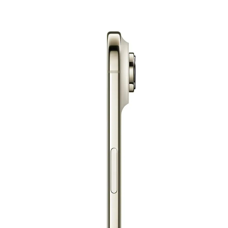 iPhone Air dourado 256GB, lado direito com botão de volume e câmera, perfil fino e design premium.