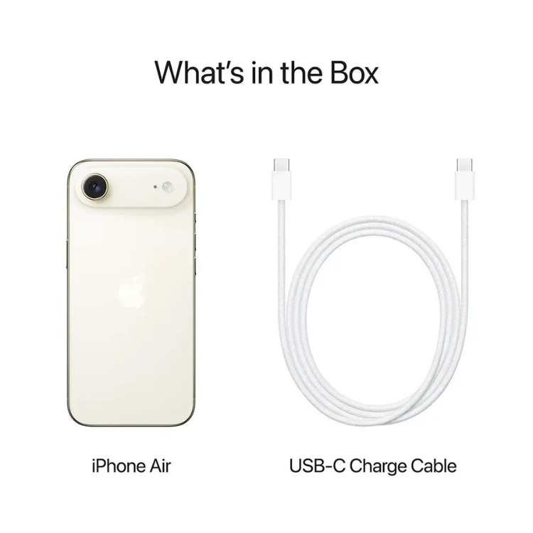 iPhone Air dourado 256GB e cabo de carregamento USB-C branco.
