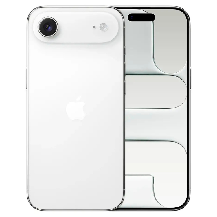 iPhone branco da Apple com câmera dupla e ecrã de 6.5 polegadas.