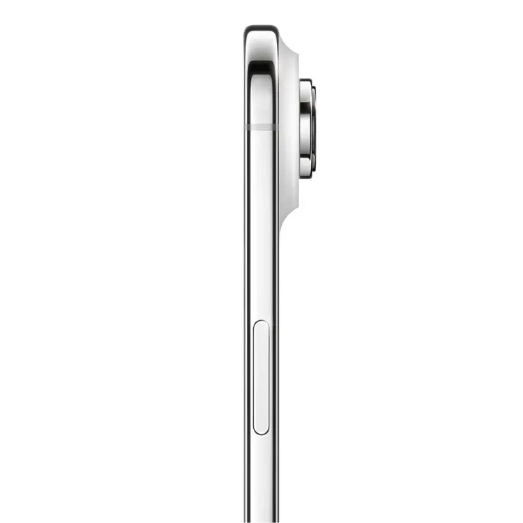 iPhone branco, lateral, 256GB, estrutura em titânio, ultrafino.