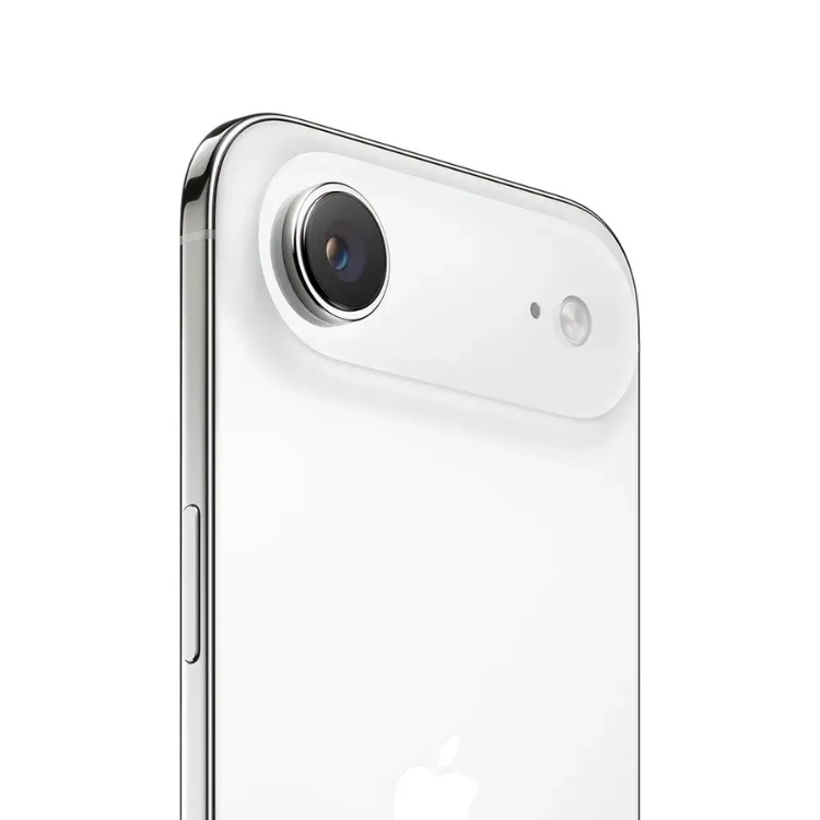 iPhone branco da Apple com câmera dupla e estrutura de titânio.