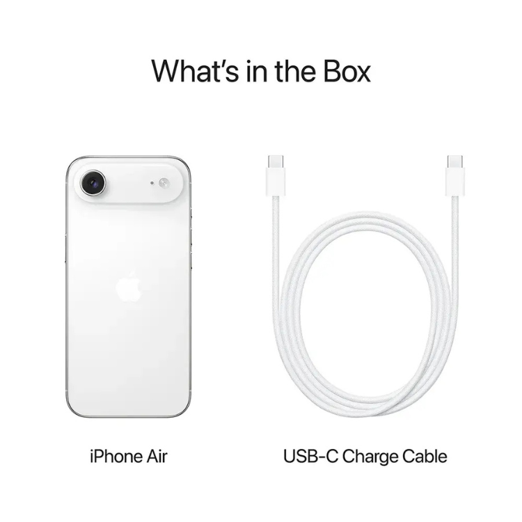iPhone Air branco,  smartphone ultrafino da Apple com câmera dupla e cabo USB-C branco.