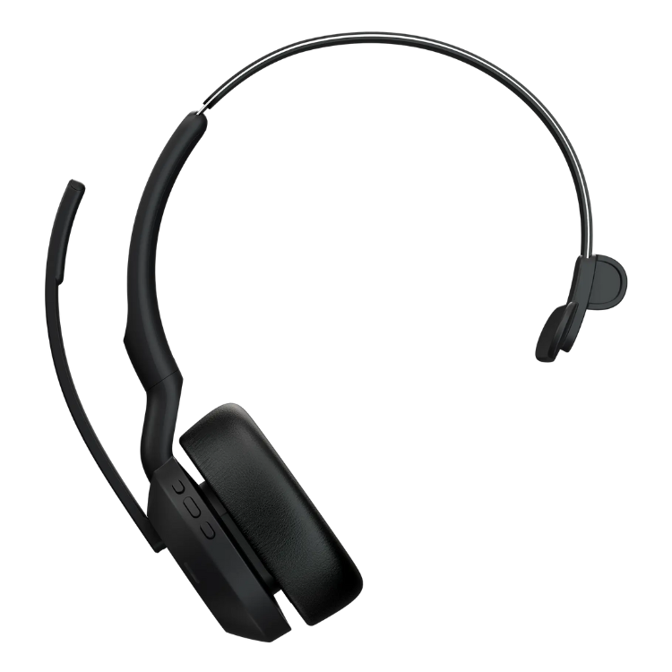 Black Jabra Evolve2 55 stereo headset with base, adjustable headband and microphone.