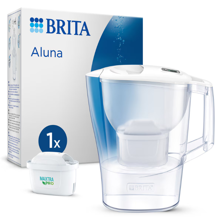 Brita Aluna 2.4L water filter pitcher, clear, white lid, with Maxtra Pro filter and packaging.