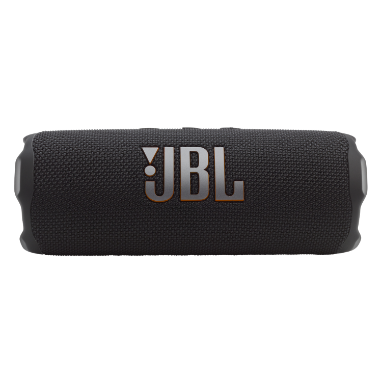 Black JBL Flip 7 portable Bluetooth speaker with fabric cover and silver logo.