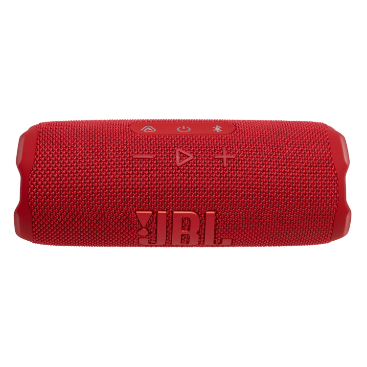 Red JBL Flip 7 portable speaker with buttons on top.