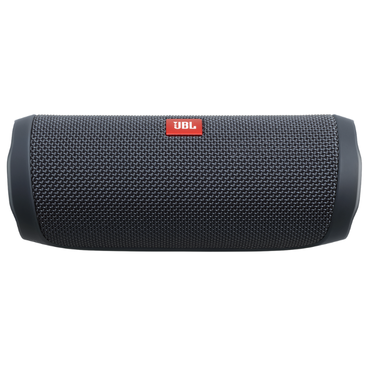 Black JBL Flip Essential 2 Bluetooth speaker with red logo.