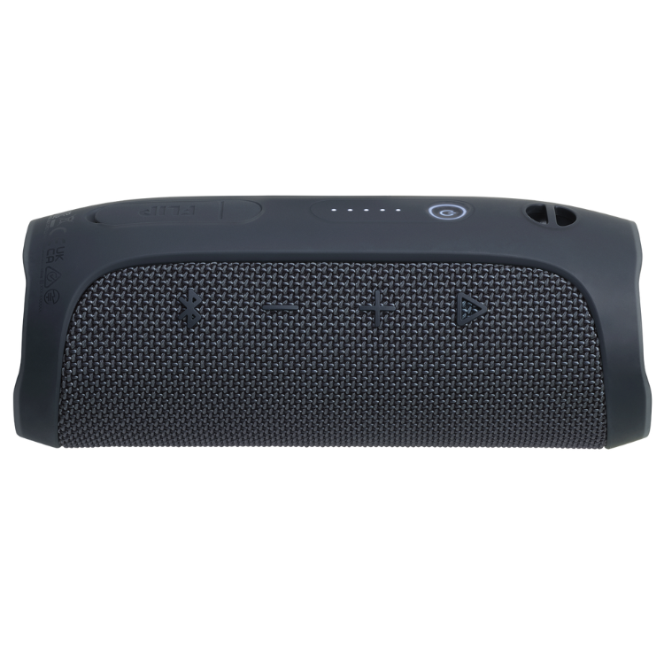 Black JBL Flip Essential 2 portable Bluetooth speaker with power button and controls.