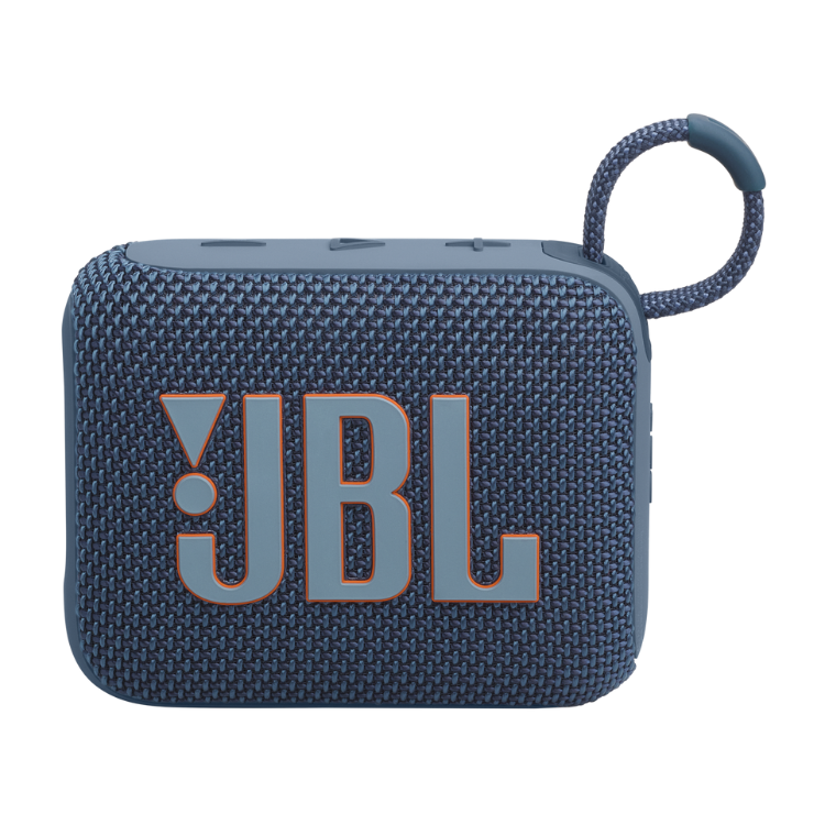 JBL Go 4 portable Bluetooth speaker, blue, with textured fabric and orange accents.