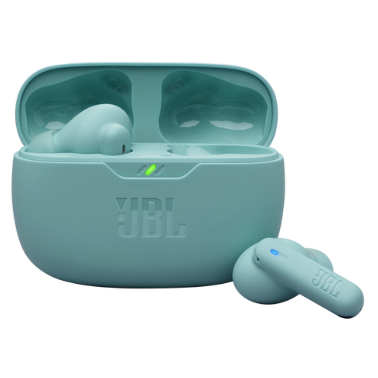 Auriculares JBL Wave Beam 2 ANC TWS azuis com estojo de carregamento.
