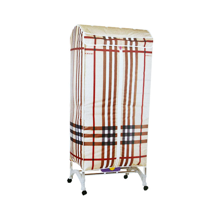 Secador de roupa Jocel, cor bege com faixas castanhas e vermelhas, porta roupa.