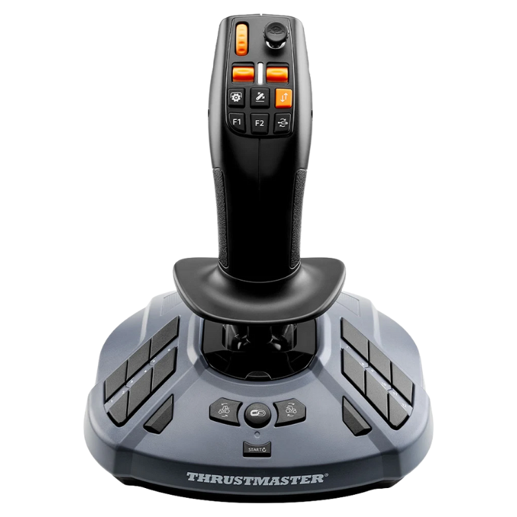 Thrustmaster SimTask Farming Stick, black joystick with orange buttons.