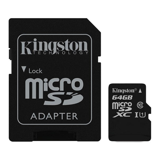 Kingston microSDHC 64GB memory card and adapter, black, C10 A1 UHS-I.