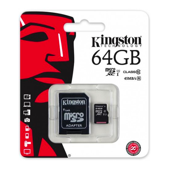 Kingston 64GB microSDHC card with SD adapter, black, in packaging.