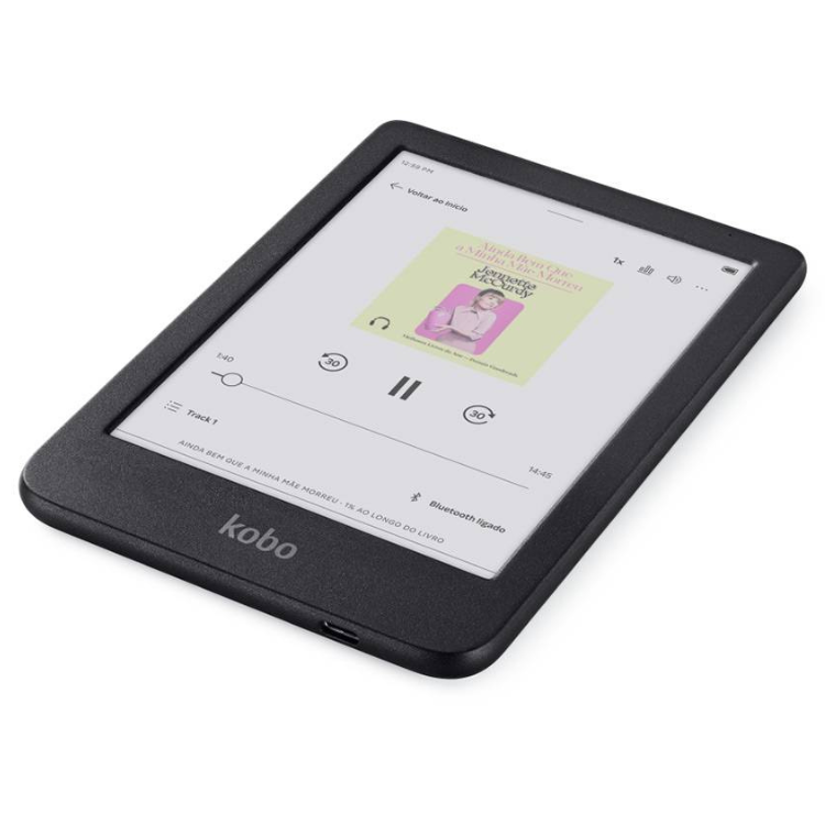 eReader Kobo Clara Colour 6" 16GB Wi-Fi Preto, ecrã a cores em tinta eletrónica, com capa preta e logotipo Kobo.