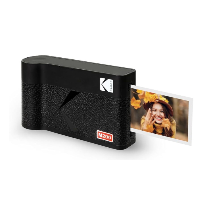 Black Kodak Mini 2 Era M200 portable photo printer, printing a picture.