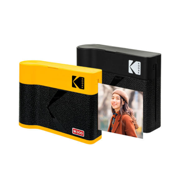 Kodak Mini 3 Era M300 yellow portable photo printer with black and yellow body, 60 sheets, and printed photo.