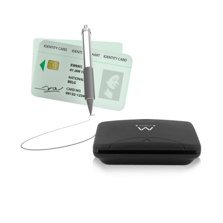 Black Ewent USB 2.0 card reader, two identity cards, and pen.