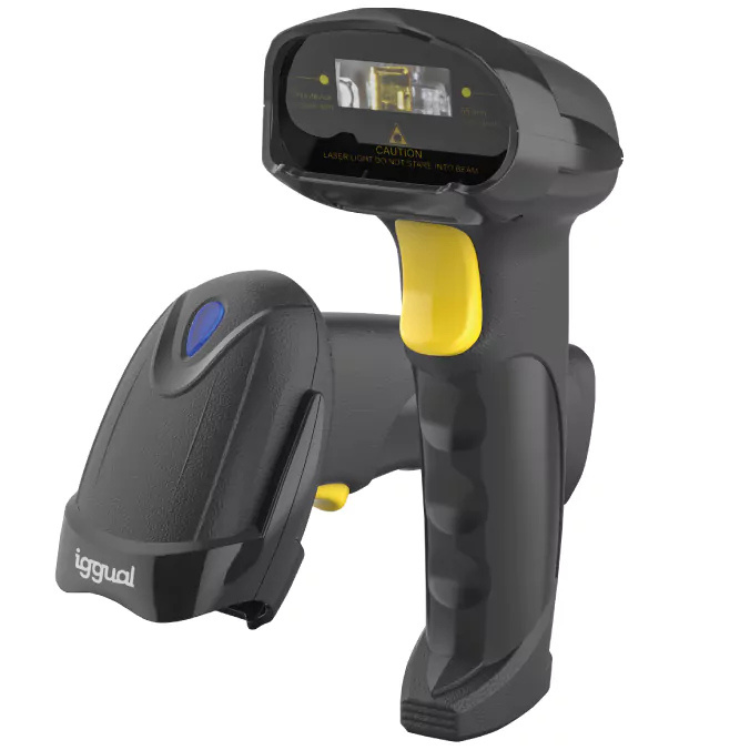 Black and yellow barcode scanner, Iggual brand, Bluetooth and WiFi enabled.
