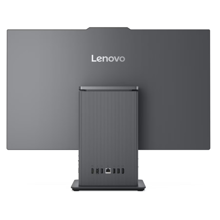 Computador all-in-one Lenovo IdeaCentre AIO 27ARR9, preto, com ecrã de 27 polegadas e parte traseira com várias portas.