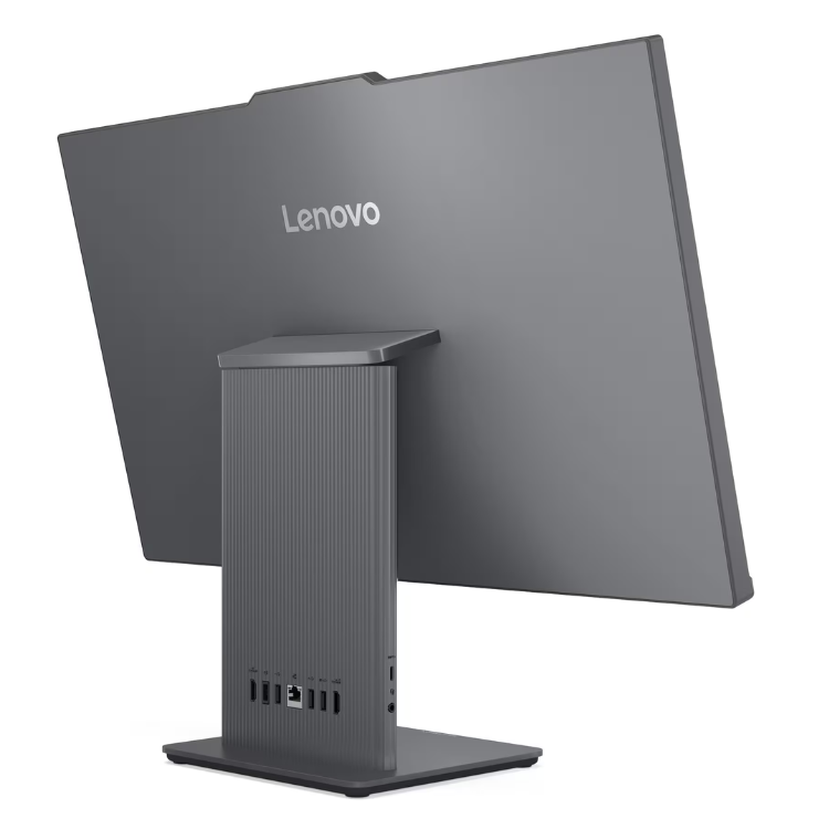 Computador all-in-one Lenovo IdeaCentre AIO 27ARR9, preto, com ecrã de 27 polegadas e base com várias portas.