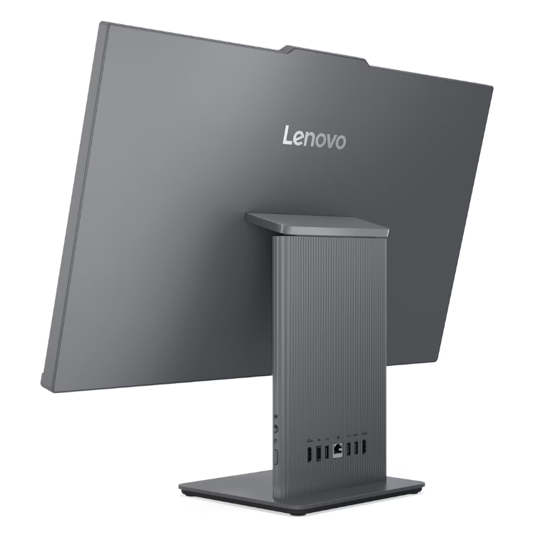 Computador all-in-one Lenovo IdeaCentre AIO 27ARR9, preto, com ecrã de 27 polegadas e base com várias portas.