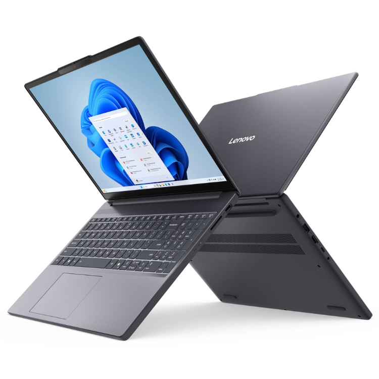 Portátil Lenovo IdeaPad Slim 3 14IRH10-699 cinzento, aberto e fechado, com ecrã de 14 polegadas e marca Lenovo visível.
