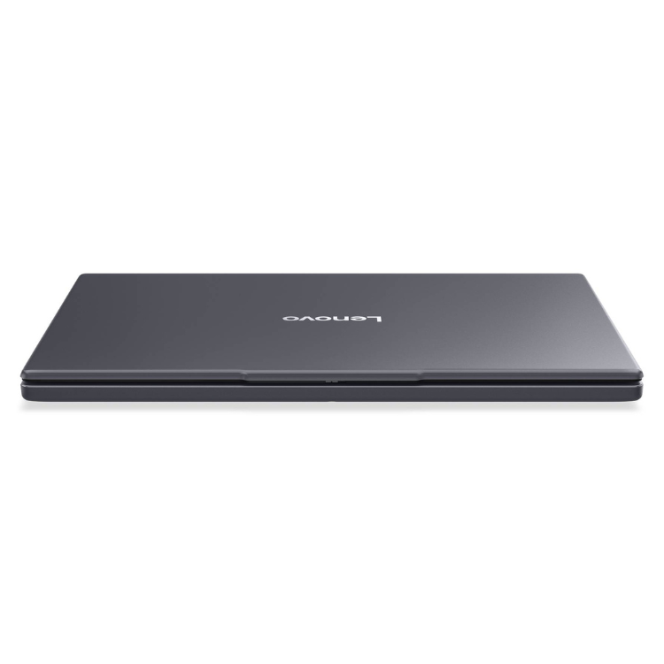 Portátil Lenovo cinzento virado para baixo com o logótipo Lenovo visível.