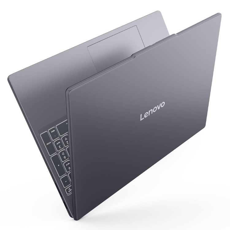 Portátil Lenovo cinzento virado para cima e para baixo, com a marca Lenovo visível.