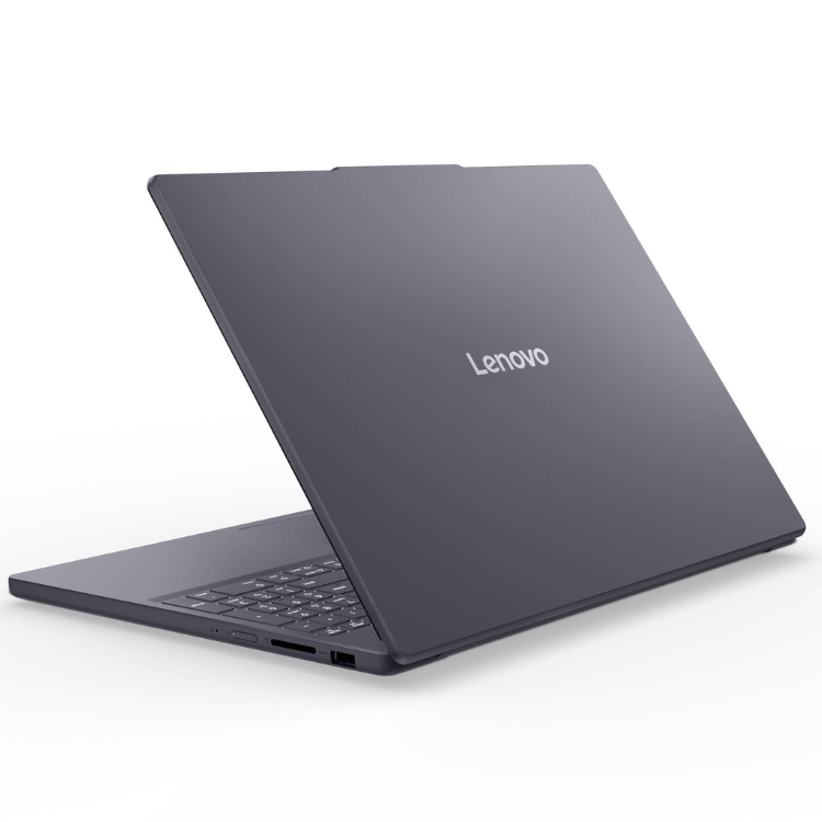 Portátil Lenovo cinzento aberto, com o logótipo Lenovo visível na tampa traseira.