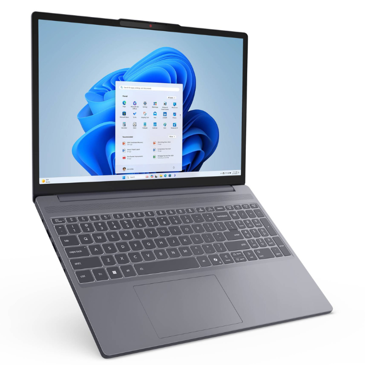 Portátil Lenovo IdeaPad Slim 3 cinzento 14 polegadas com teclado e ecrã ligado.