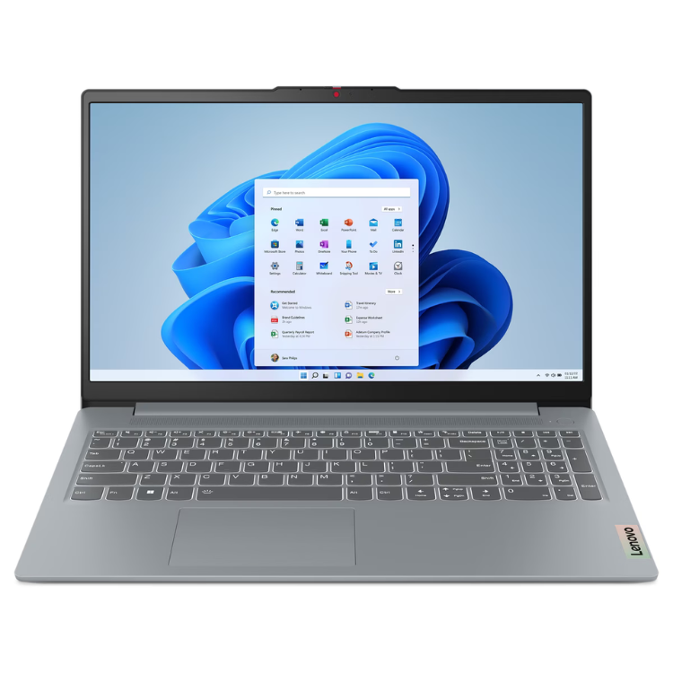 Portátil Lenovo IdeaPad Slim 3 cinzento, 15.6 polegadas, ligado, mostrando o ecrã de início do Windows.