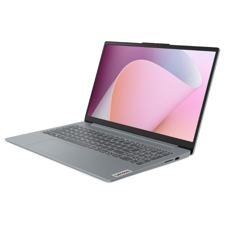 Portátil Lenovo IdeaPad Slim 3 cinzento, 15.6 polegadas, aberto com imagem de fundo rosa e roxa no ecrã.
