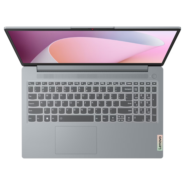 Portátil Lenovo IdeaPad Slim 3 cinzento, 15.6 polegadas, aberto com ecrã colorido e teclado visível.