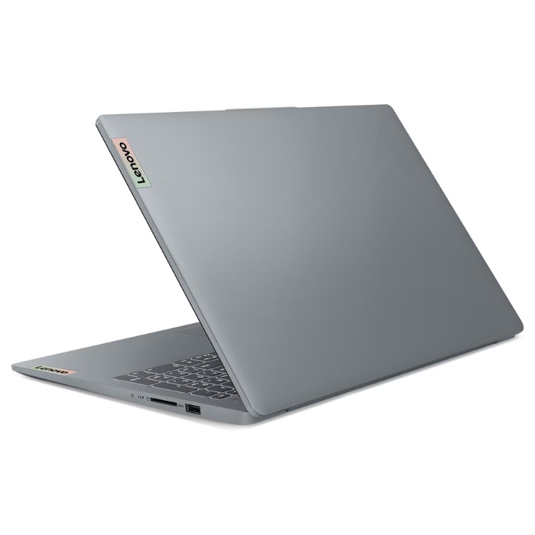 Portátil Lenovo IdeaPad Slim 3 cinzento aberto com teclado visível e logotipo Lenovo.