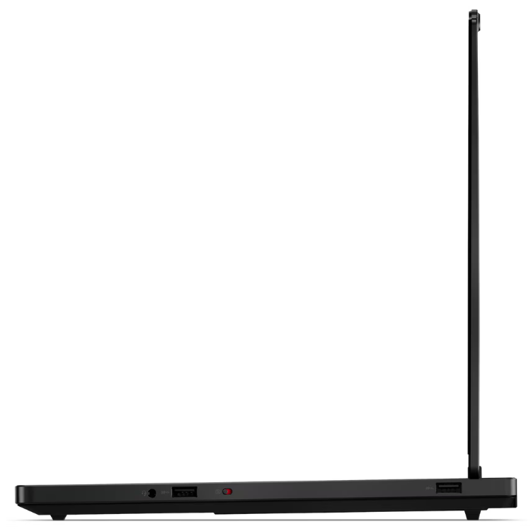 Portátil Lenovo Legion 5 preto, vista lateral, com várias portas e uma antena.