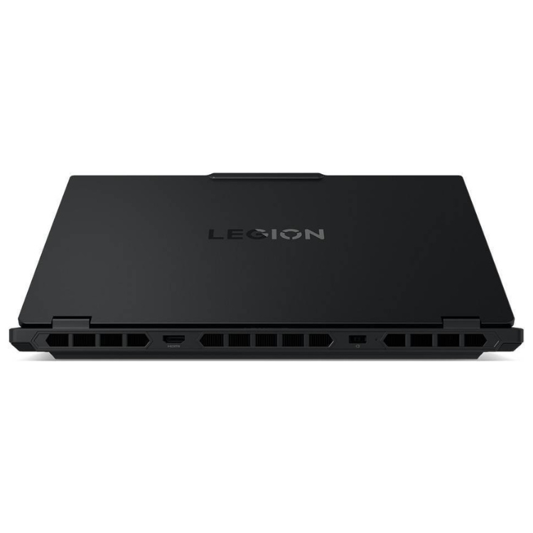 Black Lenovo Legion laptop, rear view showing vents and Legion logo.