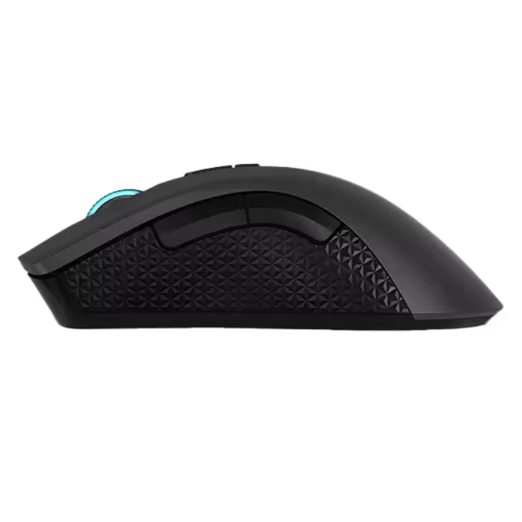 Black gaming mouse, Lenovo Legion M600, 16000 DPI, side view.