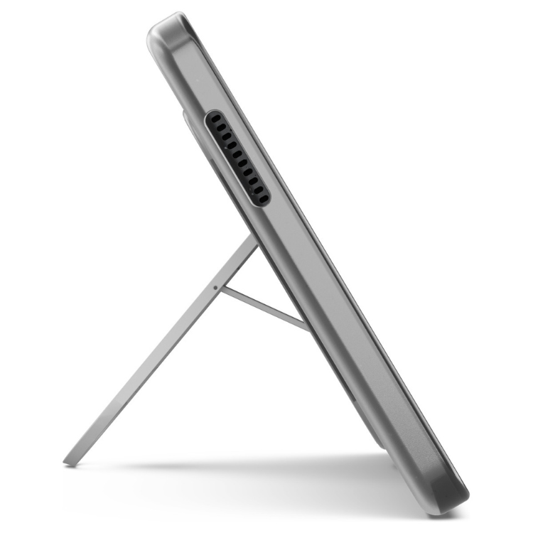 Tablet Lenovo Tab One TB305FU cinzento apoiado em suporte.