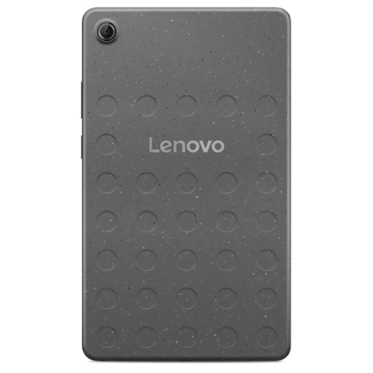 Tablet Lenovo cinzento com textura de bolhas e marca Lenovo.