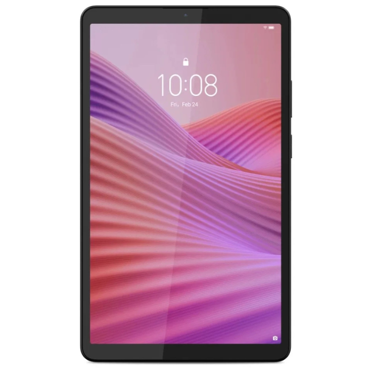 Tablet Lenovo Tab One TB305FU 8.7 cinzento, ecrã ligado com imagem de wallpaper rosa e roxa, relógio 10:08.