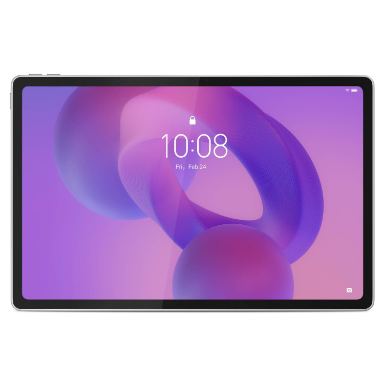 Tablet Lenovo Tab Plus 12.1 cinzento, ecrã ligado com imagem de fundo roxa e rosa, mostrando o relógio 10:08.